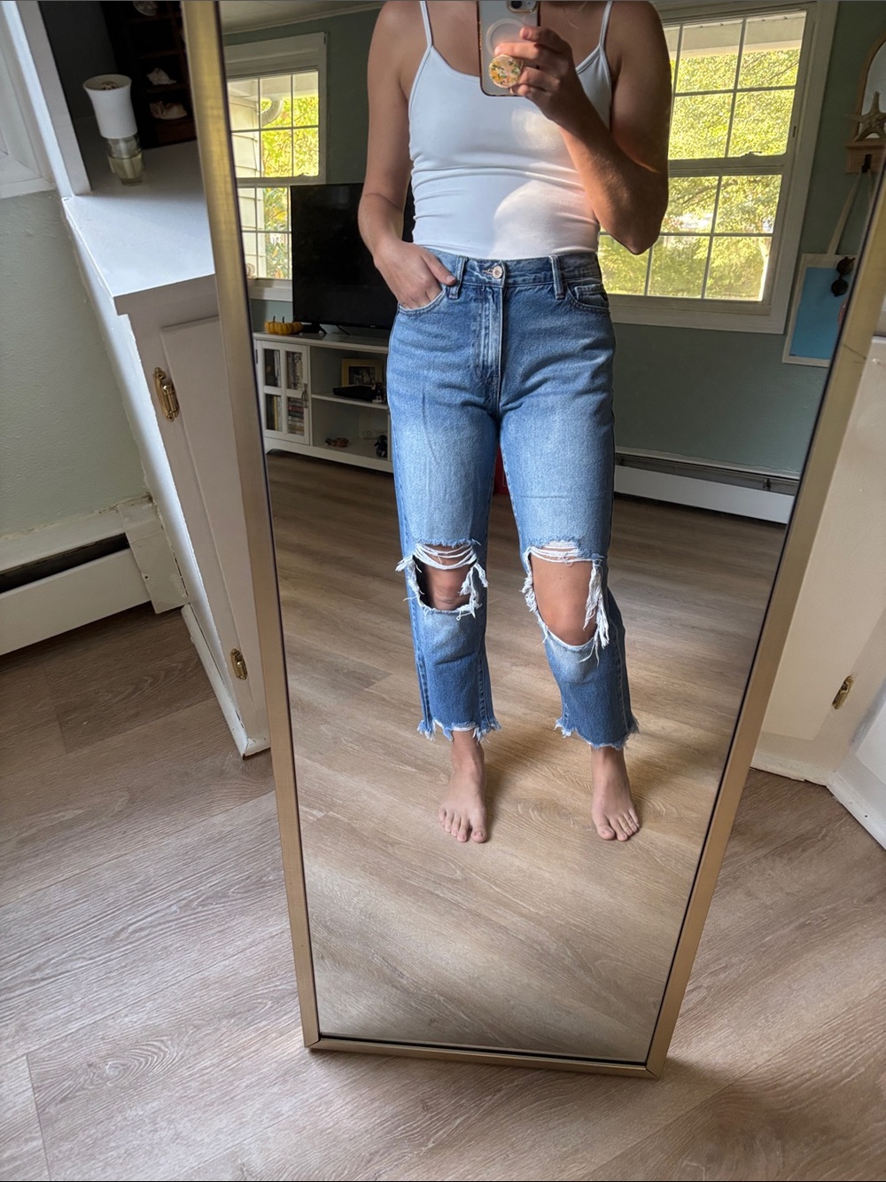 KanCan Light Blue Distressed Cropped Knee Jeans